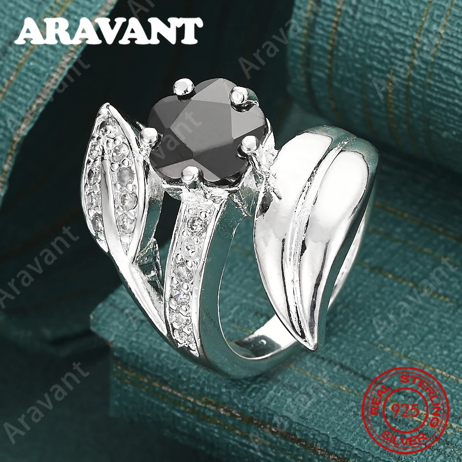925 Sterling Silver Black Zircon Leaf Ring For Women, Commuter Accessories, Christmas Gift Jewelry