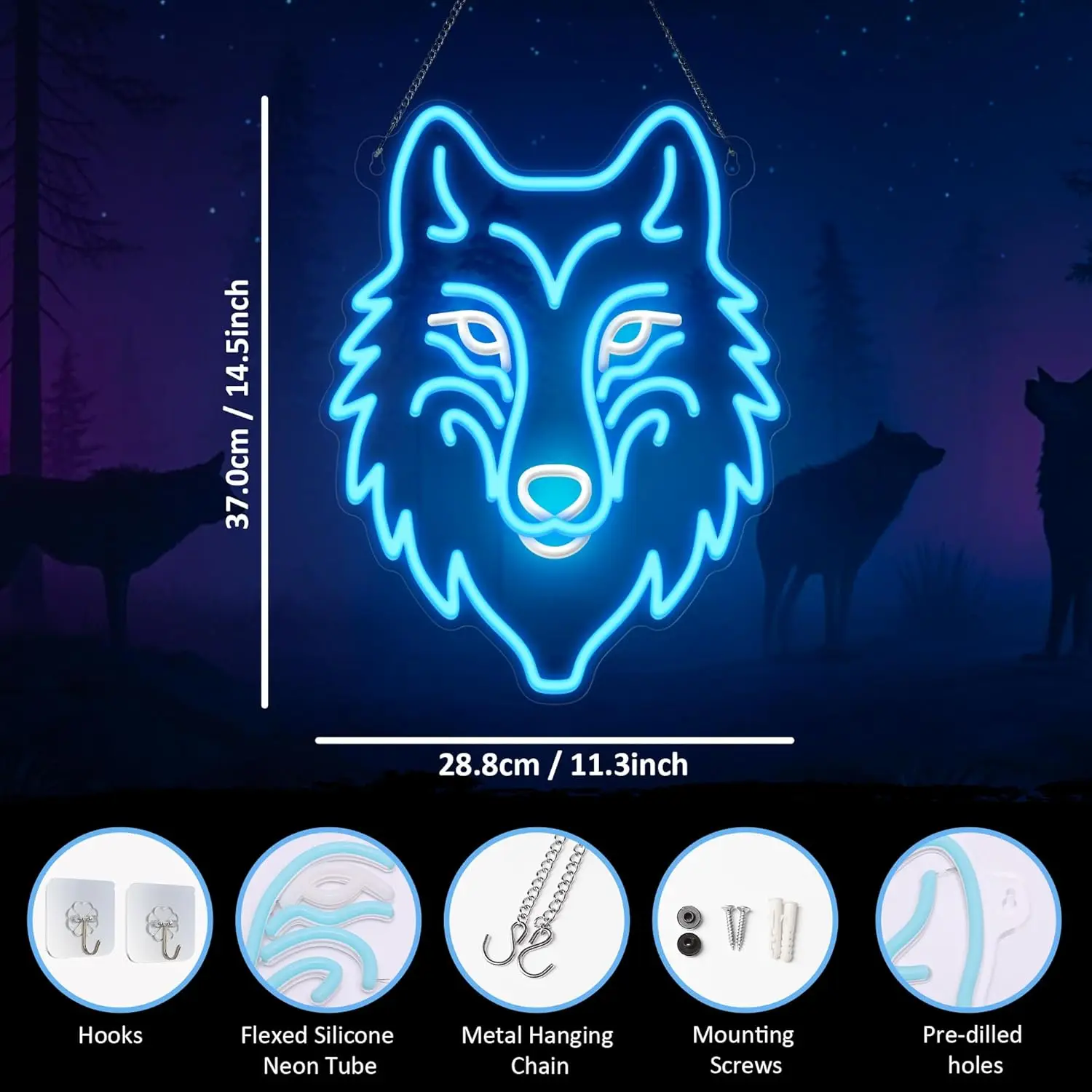 Wolf Neon Sign, Dimmable LED Wolf Light Animal Wall Decor, Bedroom Living Room Man Cave Home Decoration USB Powered