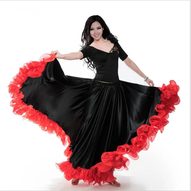 สีแดงสี Flamenco Dance กระโปรงเหรียญทองสเปนเต้นรําเครื่องแต่งกายผู้หญิง vestido Flamenco 180-720 องศา PLUS ขนาด