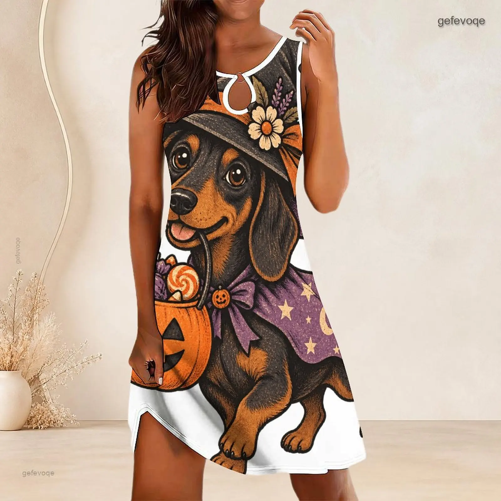 Women Sleeveless A Line Mini Dress O Ring Keyhole Neckline Loose Swing Short Dress Custom Print Ladies Casual Daily Dress