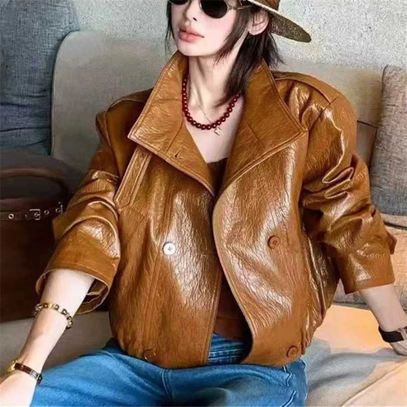Autumn Women Vintage Casual Short Imitation Leather Jacket Stand Collar Double-Breasted Long Sleeve Faux PU Leather Biker Jacket