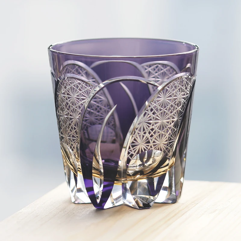 320ml Luxury Japanese Style Edo Kiriko Colored Whisky Tumbler Purple Grey Hand Cut Moonbow Chrysanthemum Mesh Design