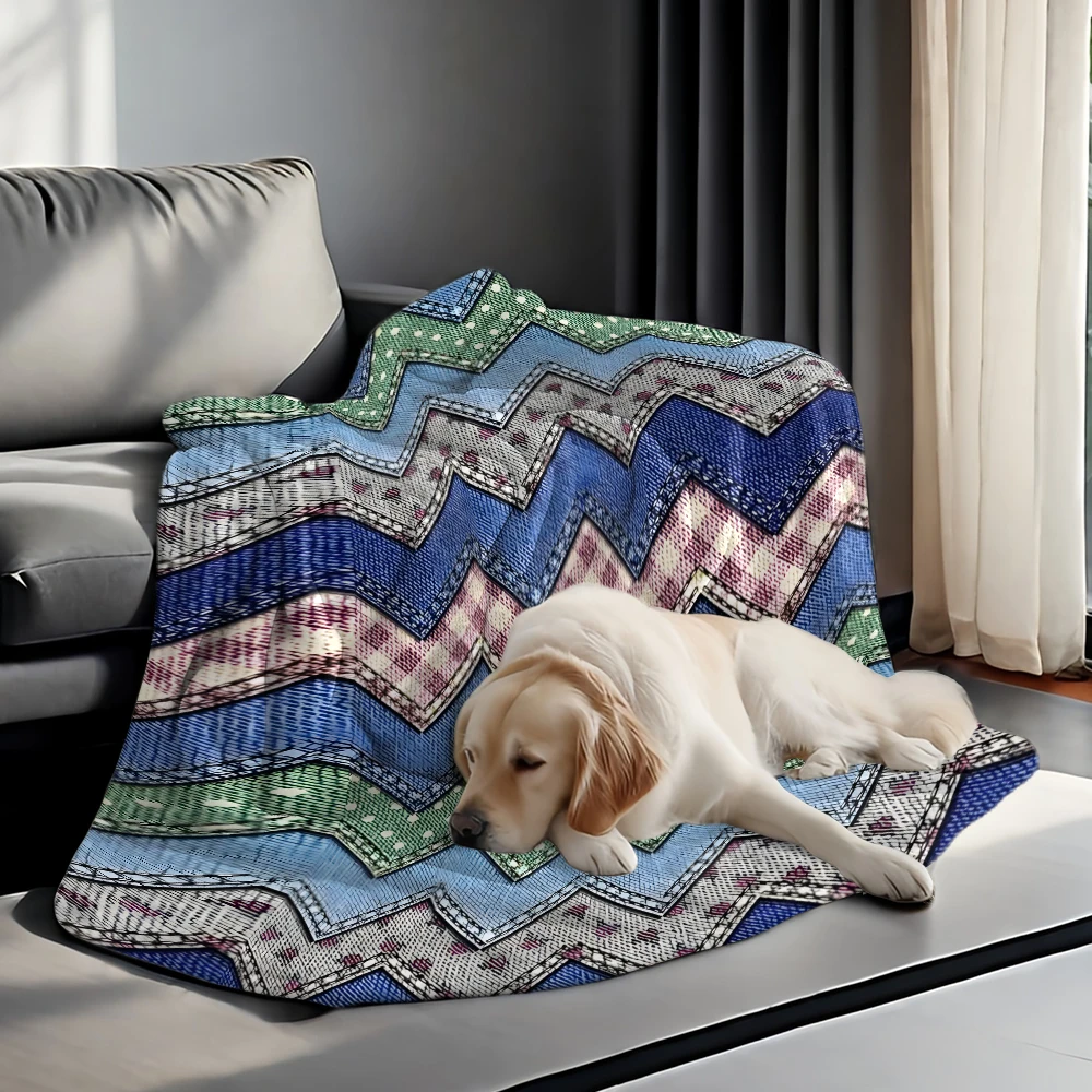 Denim Patchwork Chevron Flannel Fleece Throw Blanket for Couch Sofa Lightweight Cozy Plush Blanket for Travel Office Nap