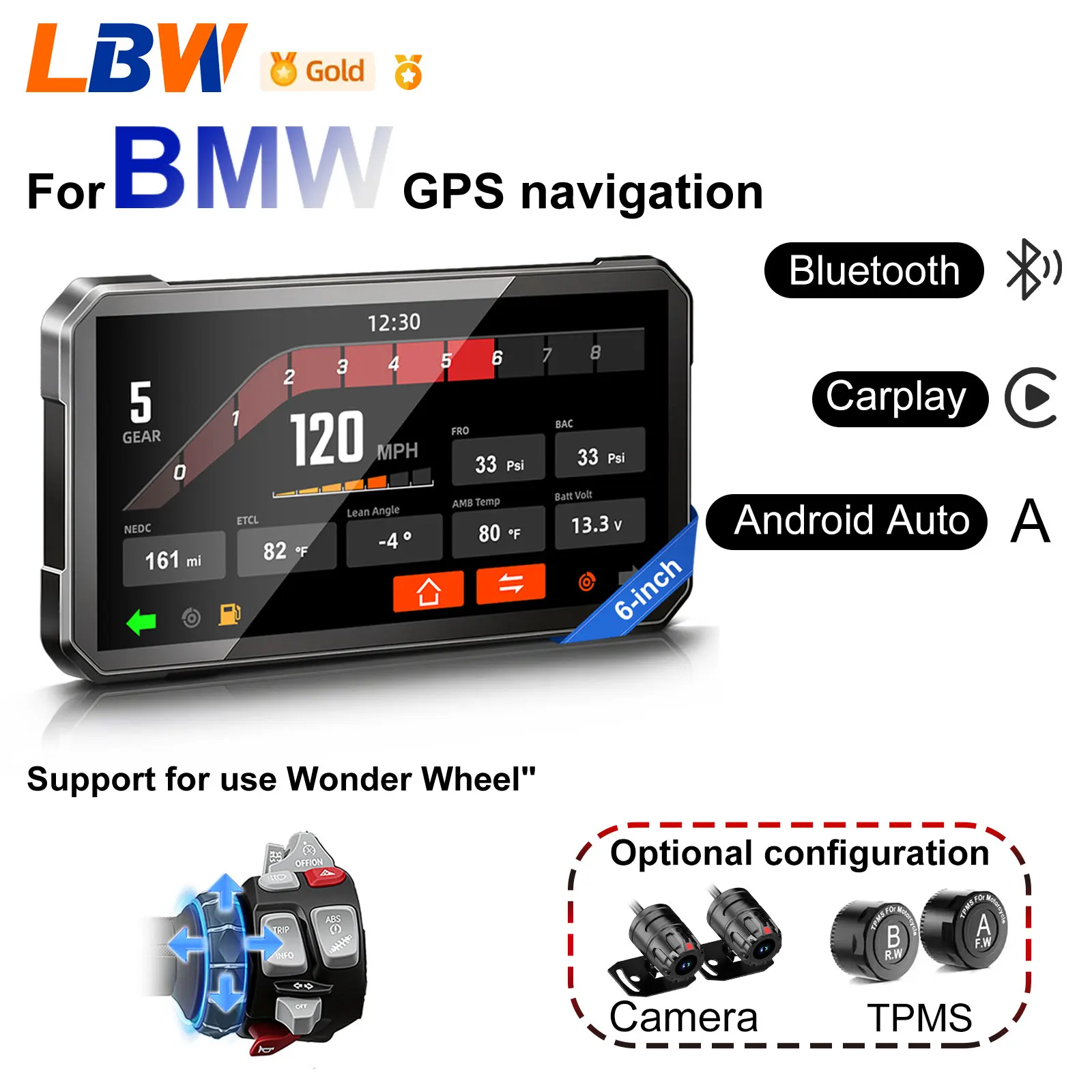 LBW 6 inch GPS Navigation Wireless Motorcycle CarPlay Smart Display Waterproof Dustproof For BMW R1250GS R1250RS R1300GS R1300RS