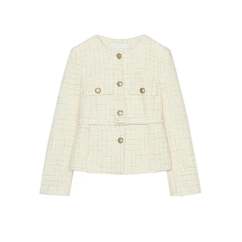 春の新到着女性のカジュアルテクスチャスーツジャケット長袖ラウンドネックベルト付きショルダーパッドストレートカット通勤スタイル