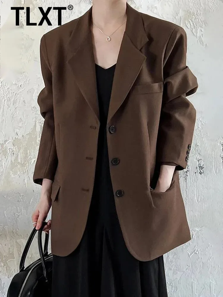 

TLXT Vintage Blazers For Women Notched Single Breasted Long Sleeve Office Lady Loose Jackets 2025 Autumn New XK1014