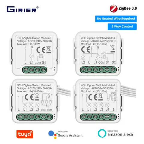 GIRIER Tuya ZigBee Smart Switch Module No Neutral Wire Required 1/2/3/4CH DIY Breaker Relay Supports 2-way Control Works Alexa