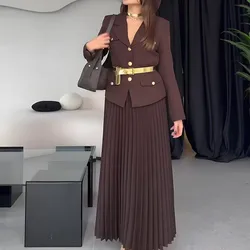 Elegant Women Two Pieces Set Single-breasted Lapel Jacket Coat Belt Pleated Midi Skirt Suit 2025 office Lady New In Matching Set