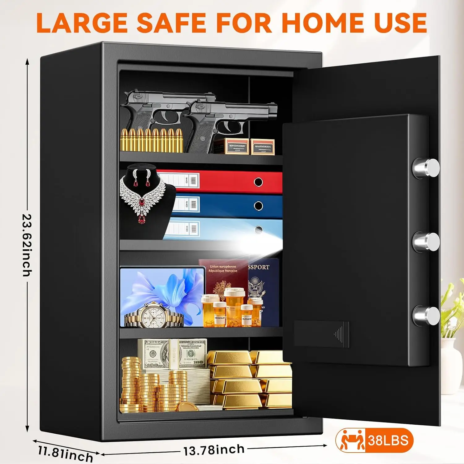 5.2 Cuft Large Home Safes Fireproof Waterproof, Anti-theft Fireproof Safe Box with Keypad Key and 3 Removable Shelves, Digital S