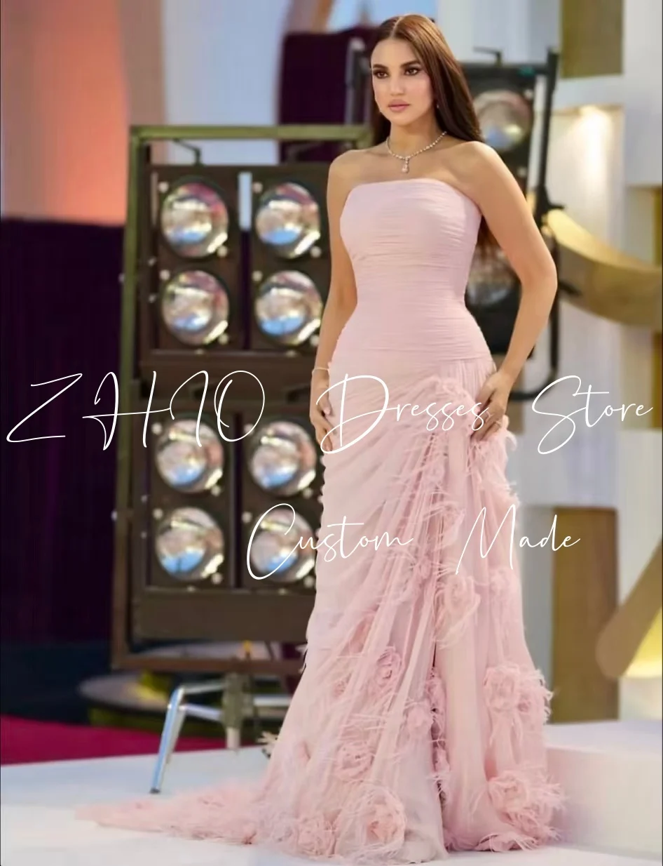 ชุดราตรีหรูหรา ZHIO ประดับขนนก สายเดี่ยว ทรงเอไลน์ ชายกระโปรงยาวแบบลากพื้น สำหรับงานพิเศษ งานเลี้ยง งานพรอม  สามารถสั่งตัดได้