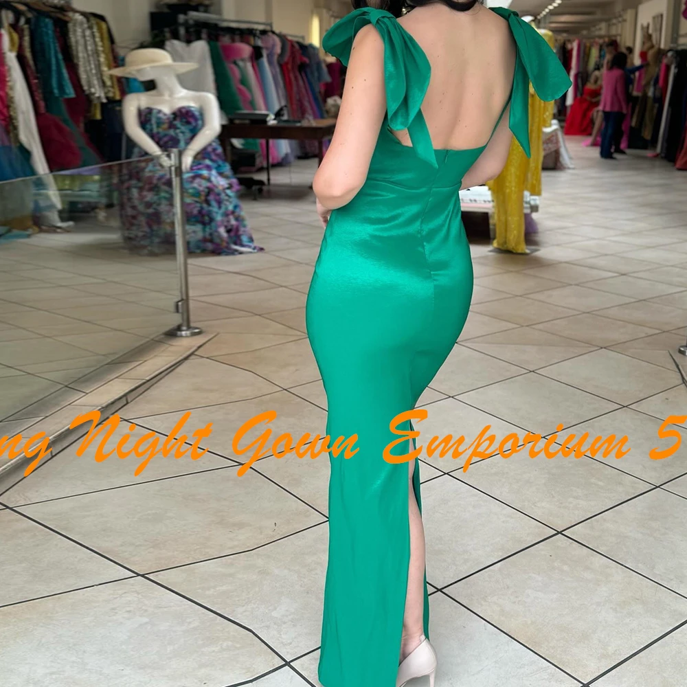 Customized Classic Pleats Bow Sweetheart Spaghetti Straps Back Slit Evening Dresses Elegant Mermaid Green Zipper Back Prom Gowns