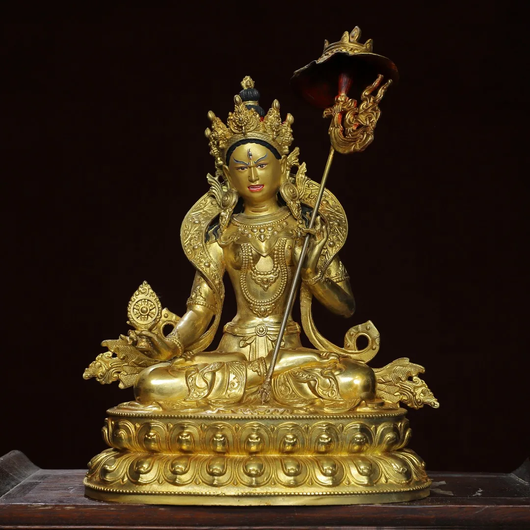 Home worship of religious bronze gilded painted Tibetan Buddha statue Size: Height 34 cm, Width 27 cm, Thickness 17 cm, Weight 3