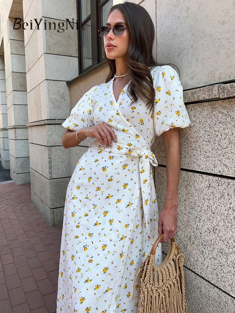 Beiyingni 2025 été femmes robe français élégant coton imprimé fleuri longues robes femme à lacets col en v vacances rose robes