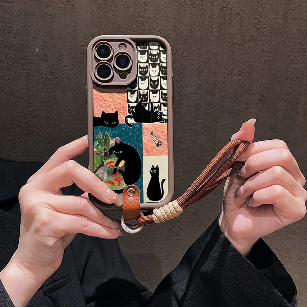 Modische Katzen-Collage-Silikon-Handyhülle für iPhone 16 17 Pro 15 14 13 12 11 Pro Max 16E 7 8 Plus XR XS mit Lanyard-Hülle – Detail 10