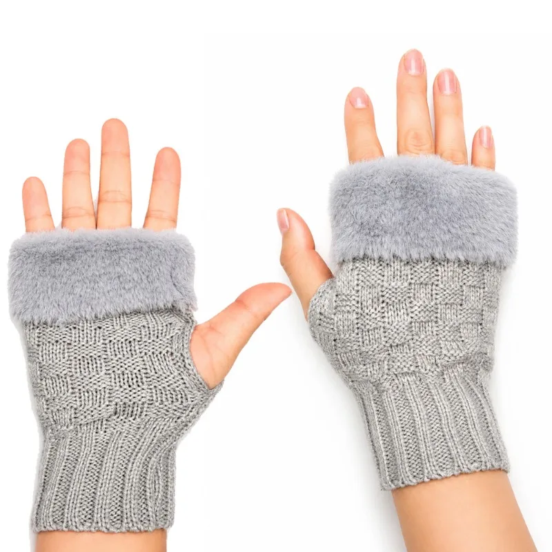 Winter Knitted Fluffy Half Finger Gloves Rabbit Fur Open Finger Warm Thermal Women Men Soft Comfortable Cozy