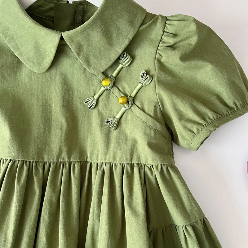 Girls' Summer Short-Sleeved Dress2024New Green Children's Western Style Princess Dress Children Fashionable Skirt