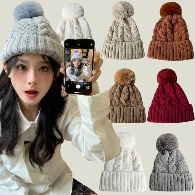 Thick Fleece Beanie With Pom Classic Solid Color Coldproof Knit Hats Ribbed Skull Cap Elastic Warm Beanies Women Autumn Winter