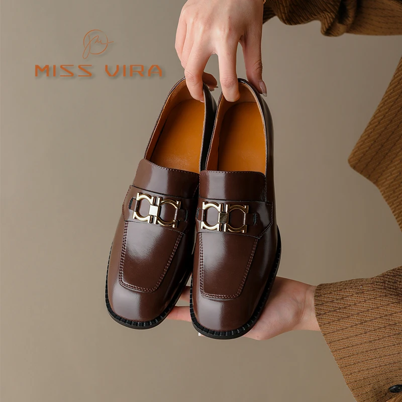 

MISS VIRA Chunky Heel Loafers Women Genuine Cow Leather Brown Ladies Mid Heel Shoes Square Toe Metal Decoration