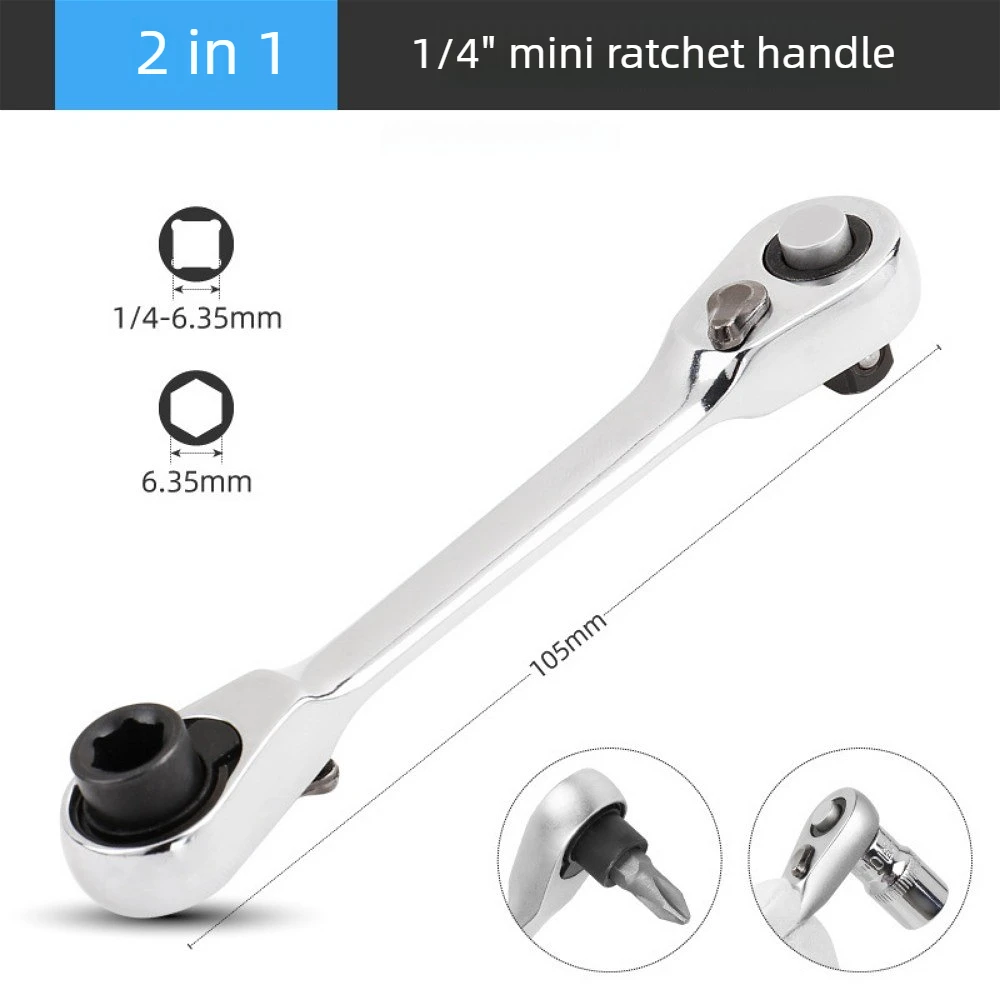 72‑Tooth Mini Ratchet Wrench Double Ended 1/4Inch Hex Socket Screwdriver Bit Hand Tool For Car Bike Machinery Maintenance Repair