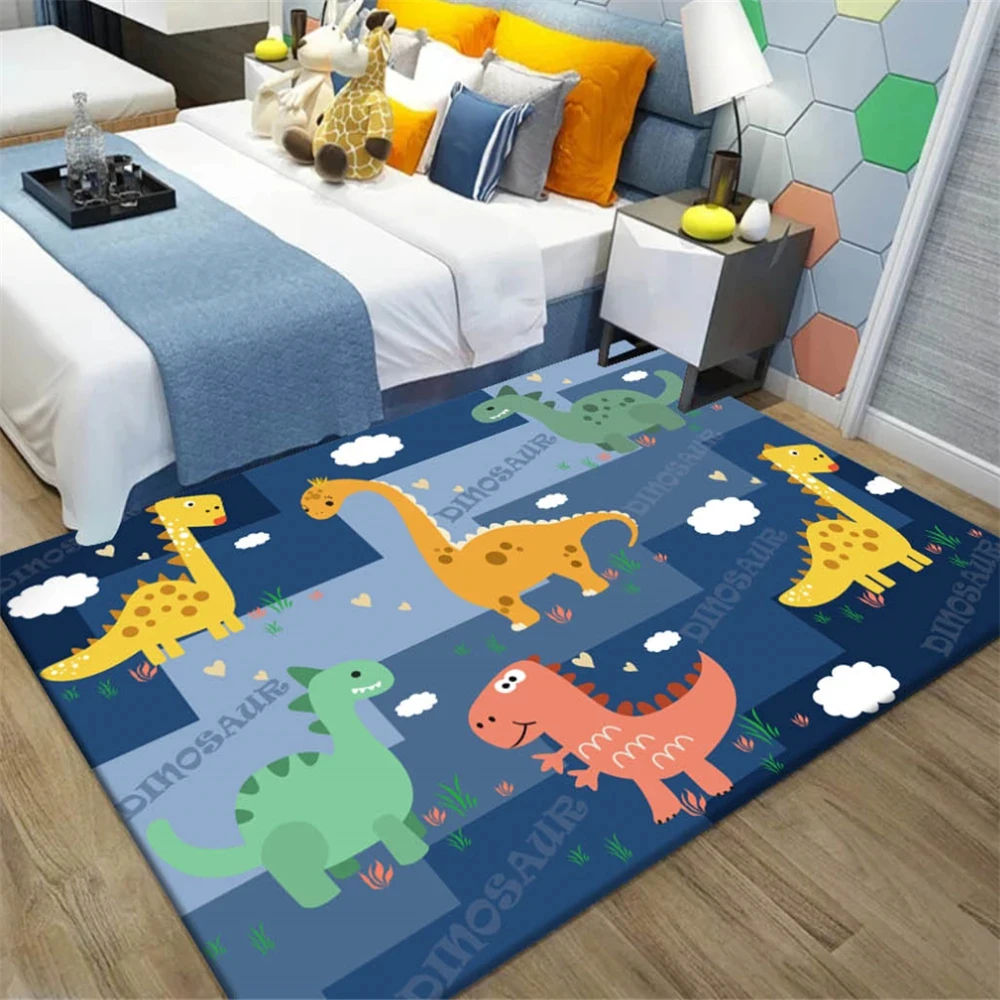 Dinosaur Theme Kids Play Carpet Boys Bedroom Rugs Cute Cartoon Dinosaur Decor Kids Area Rug Non-Slip Washable Playroom Rugs