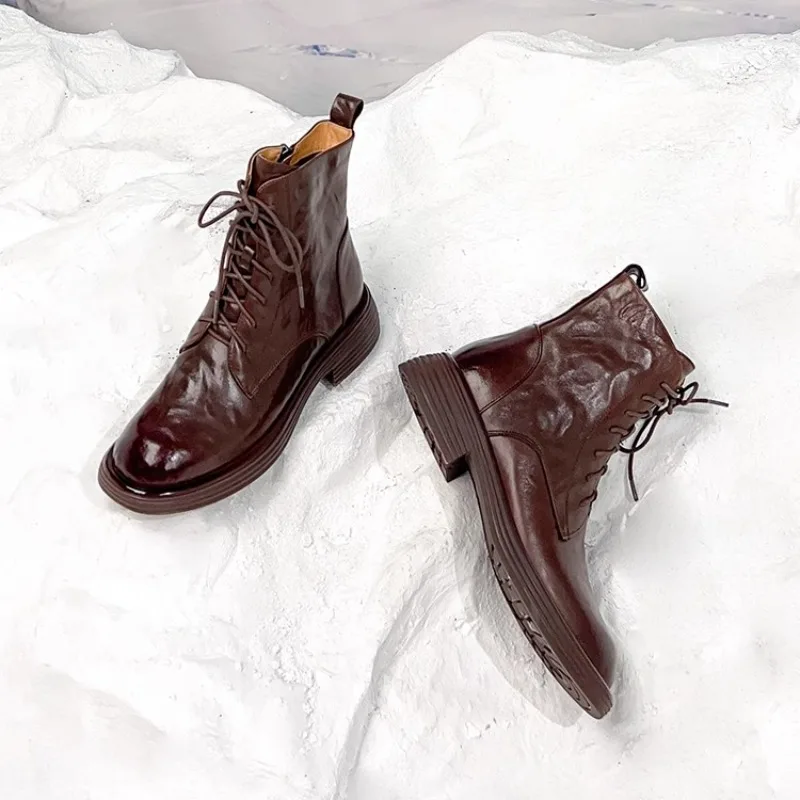 

Italian Genuine Leather Women's Chelsea Boots British Style Lace Up Thick Sole Round Toe Ankle Riding Boots Female Shoes Brown