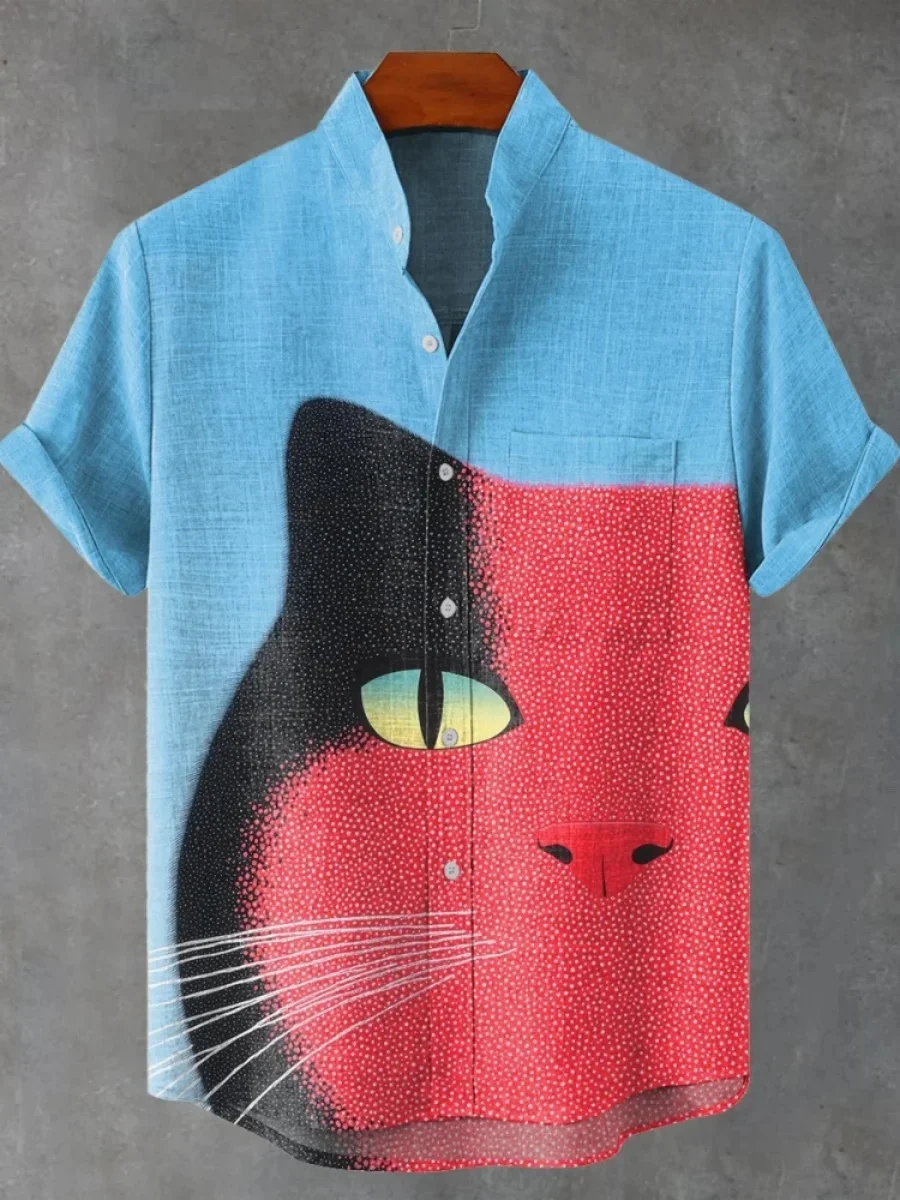 2025 Men's casual fashion new linen shirt art printed cartoon cat pattern shirt, fashion street casual comfortable men's top