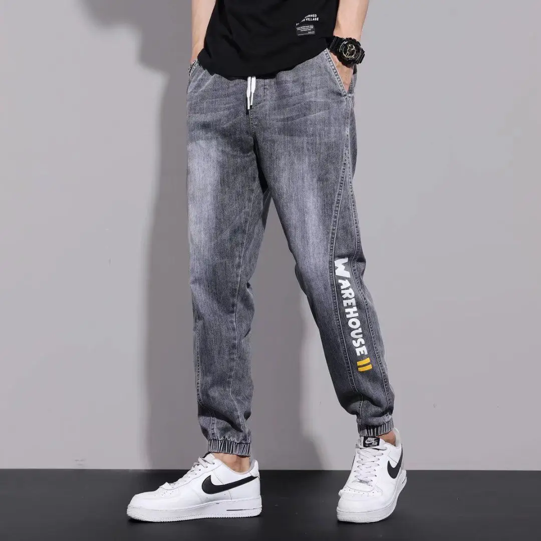 

2024 Korean Casual Drawstring Denim Harem Pants Men's Jeans Spring Autumn Fashion Hip Hop Loose Hole Baggy Washed Jeans korean