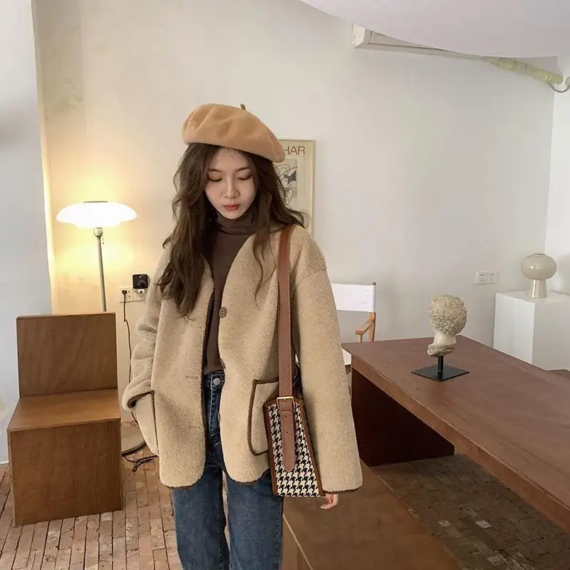 Women Autumn Winter Warm Teddy Coat Berber Fleece Round Collar Short Jacket Plush Outerwear Female Fashion Streetwear Clothes