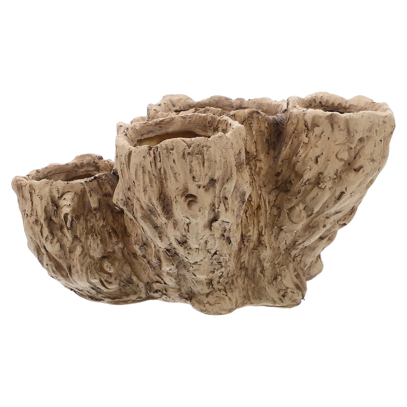 Artificial Driftwood Stump Planter Resin Bonsai Pot for Succulents Cactus with Drainage Hole 6 Planting Openings Modern