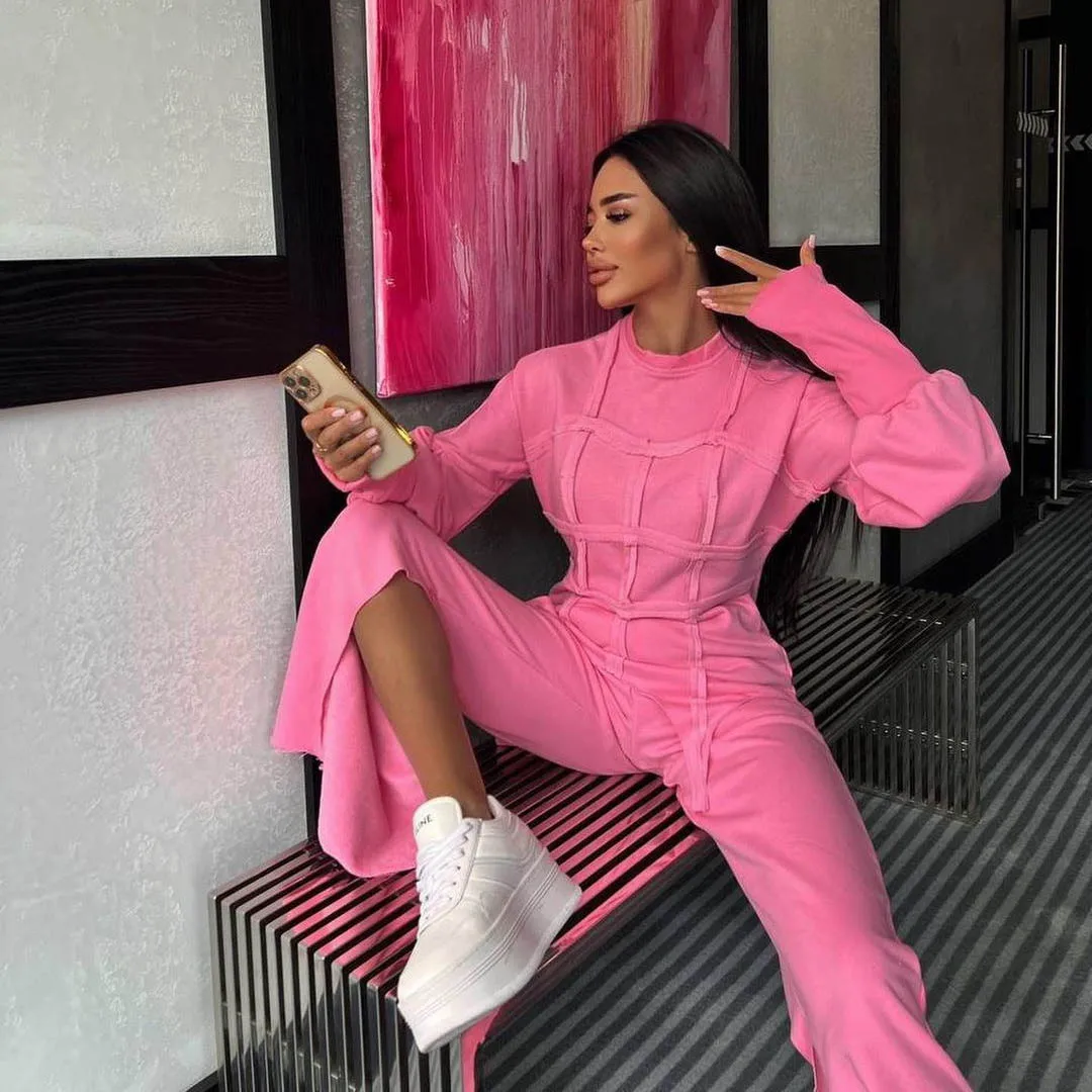 

Осенний женский спортивный костюм большого размера, классический розовый комплект из двух предметов, женский повседневный однотонный пуловер, топ, брючные костюмы, женская одежда