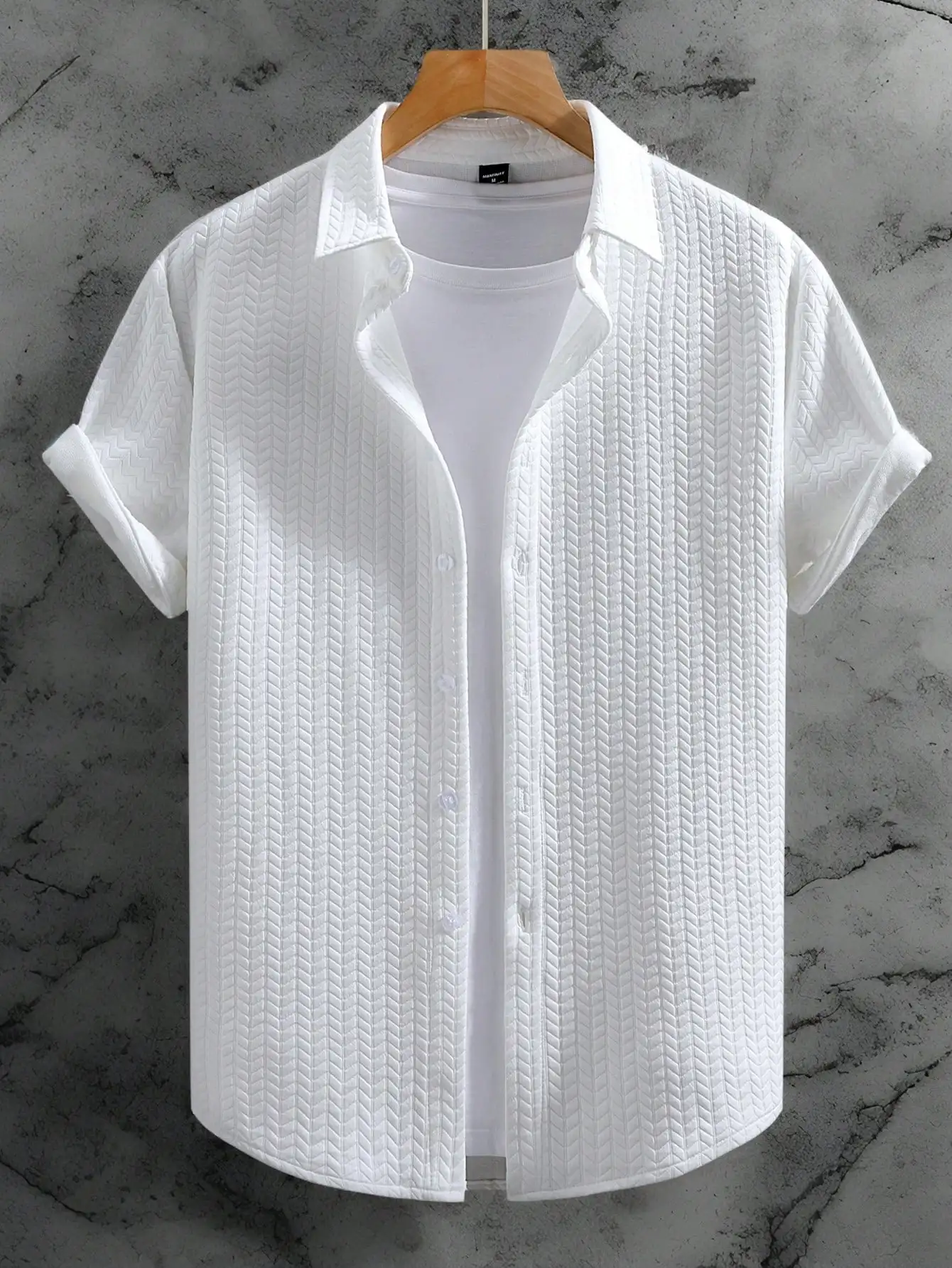 

Men's White Short Sleeve Casual Shirt with Geometric Jacquard Texture, Button Front