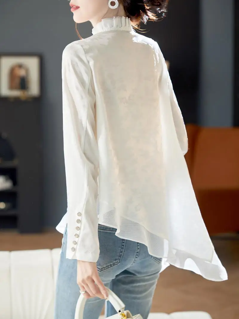 National Style New Chinese Jacquard Button Down Shirt with Irregular Long Sleeved Chiffon Design for Spring and Summer Blouses