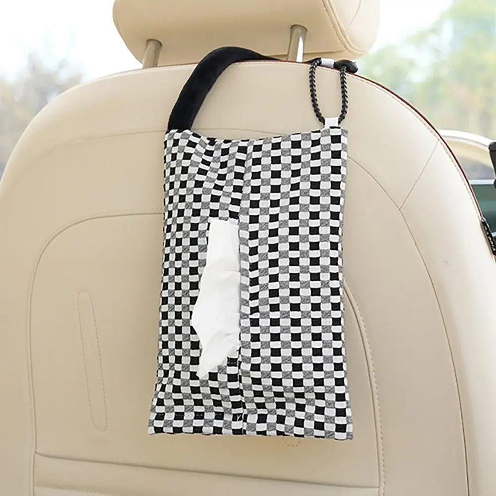 

Portable Plaid Fabric Car Tissue Box Hanging Dual-use Car Paper Towel Bag Automotive Decor for Car Interior