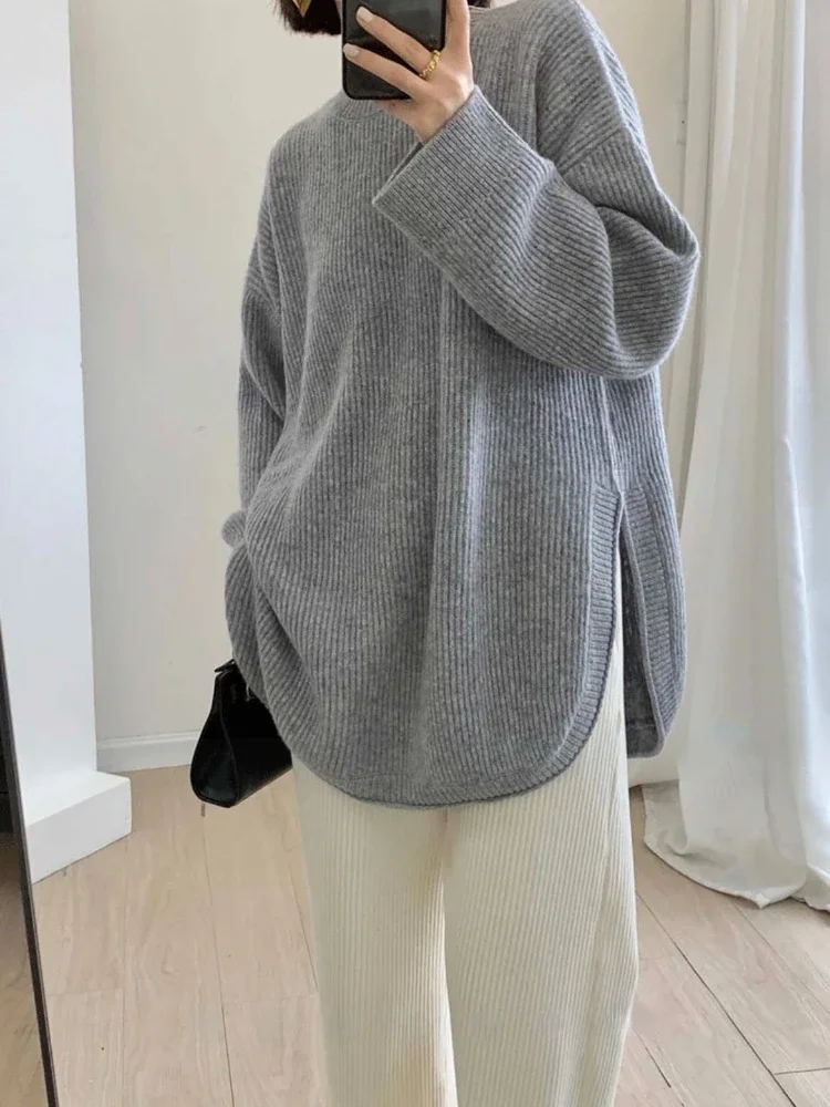 Vintage Sweater Side Fork Thick Loose Middle and Long Oversize Sweater Woman O-Neck Autumn and Winter Fashion Knitted Pullover