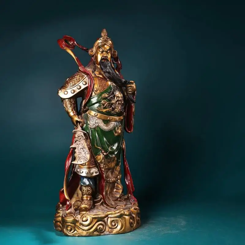 A finely crafted, exquisitely detailed, and beautifully painted bronze statue of Guan Gong, made entirely of copper with high-re