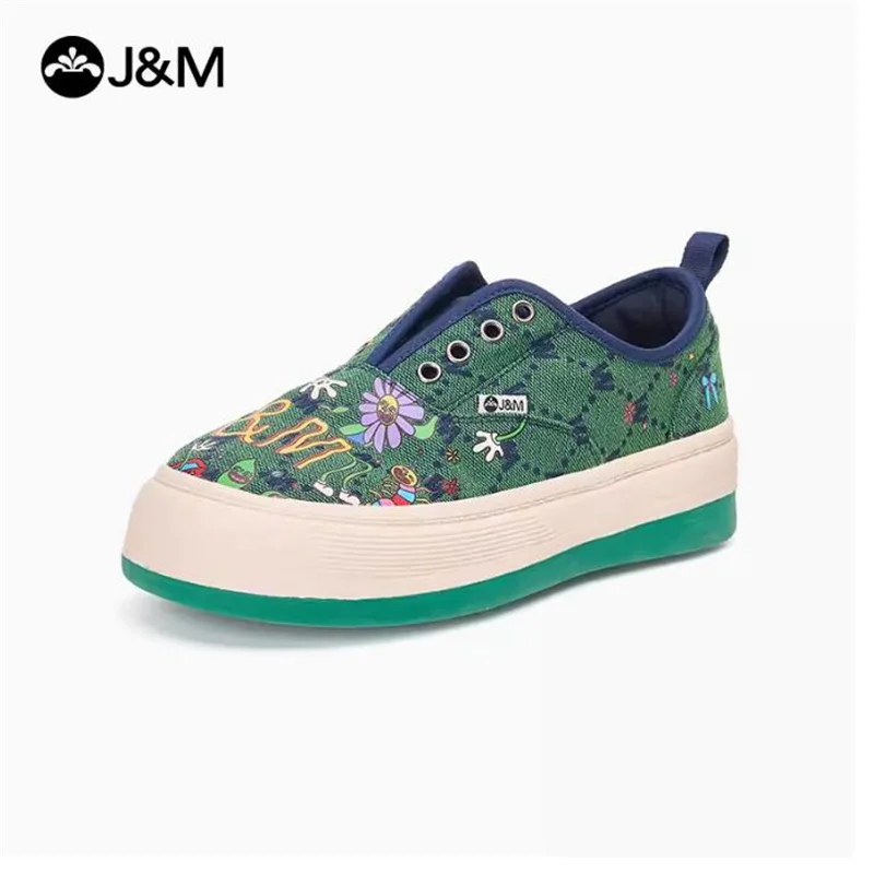 

J&M Cartoon Casual Shoes Women Lady Flower Cloth Loafers 4cm Platform Summer Breathable Slip-on Shoes Walking Letters Sneakers