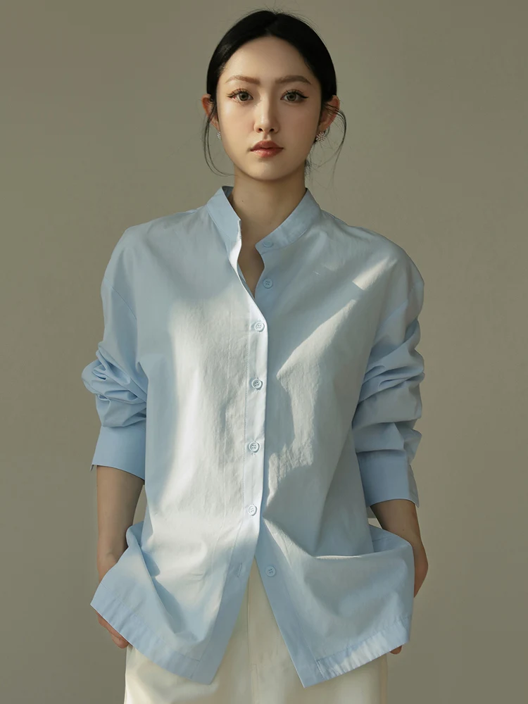 

Jumland 2025 Spring Summer New Silk Cotton Simple Large Brand Sle Stand Collar Long Sve Women's irt S607 Commute Sle