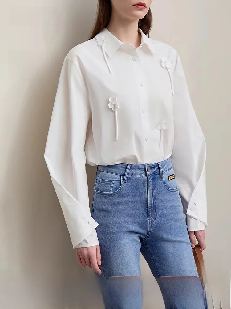 

i Spring New Sle Commute Cotton Blend White irt Women Loose Fit Turn-down Collar Handmade Flower Embroidery Top