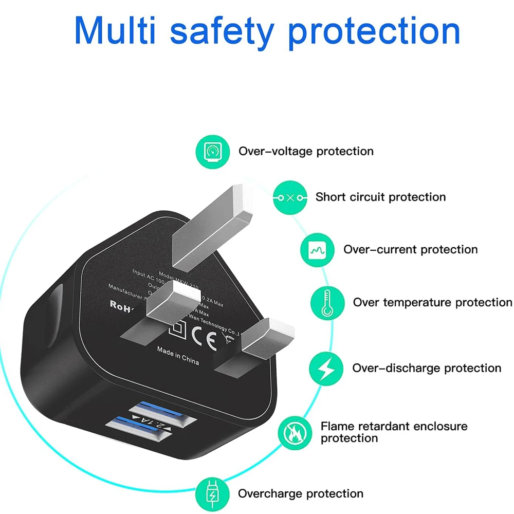 USB Plug UK Mains Charger Dual USB Plug Adapter Wall Charge Head 2.1A with Smart IC Fast Charging Technology for iPhone