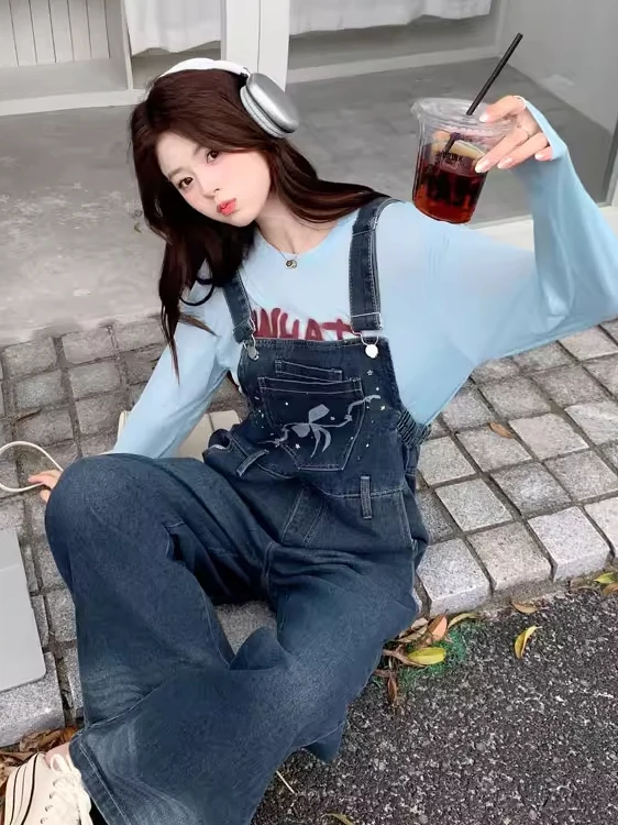 

Korean Lazy Style Knot Waist Cinching Denim Overalls Women High Waist Slimming Ageless Wide Leg Rhinestone Denim Su...