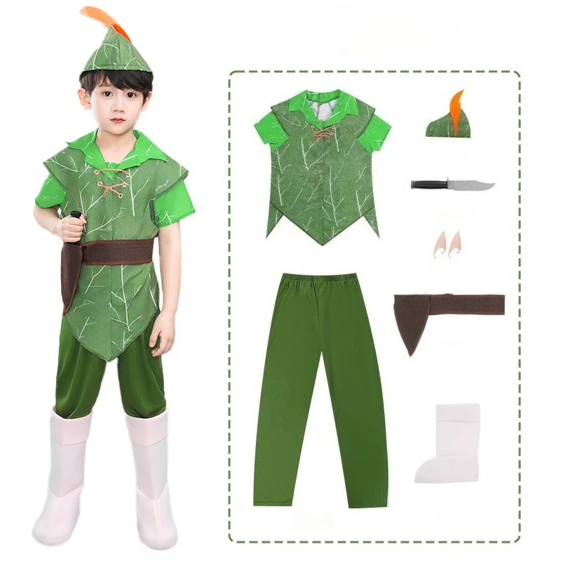 Halloween children green elf costume Party Stage performance Peter Pan green clothing with cap view 5