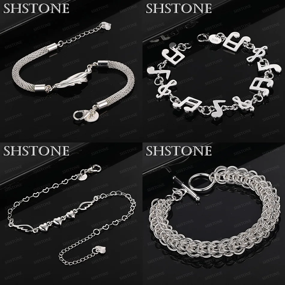 

New 925 Sterling Silver Heart Musical Note Multi-Circle Chain Feather Mesh Bracelets Men Birthday Party Fine Jewelry Accessories