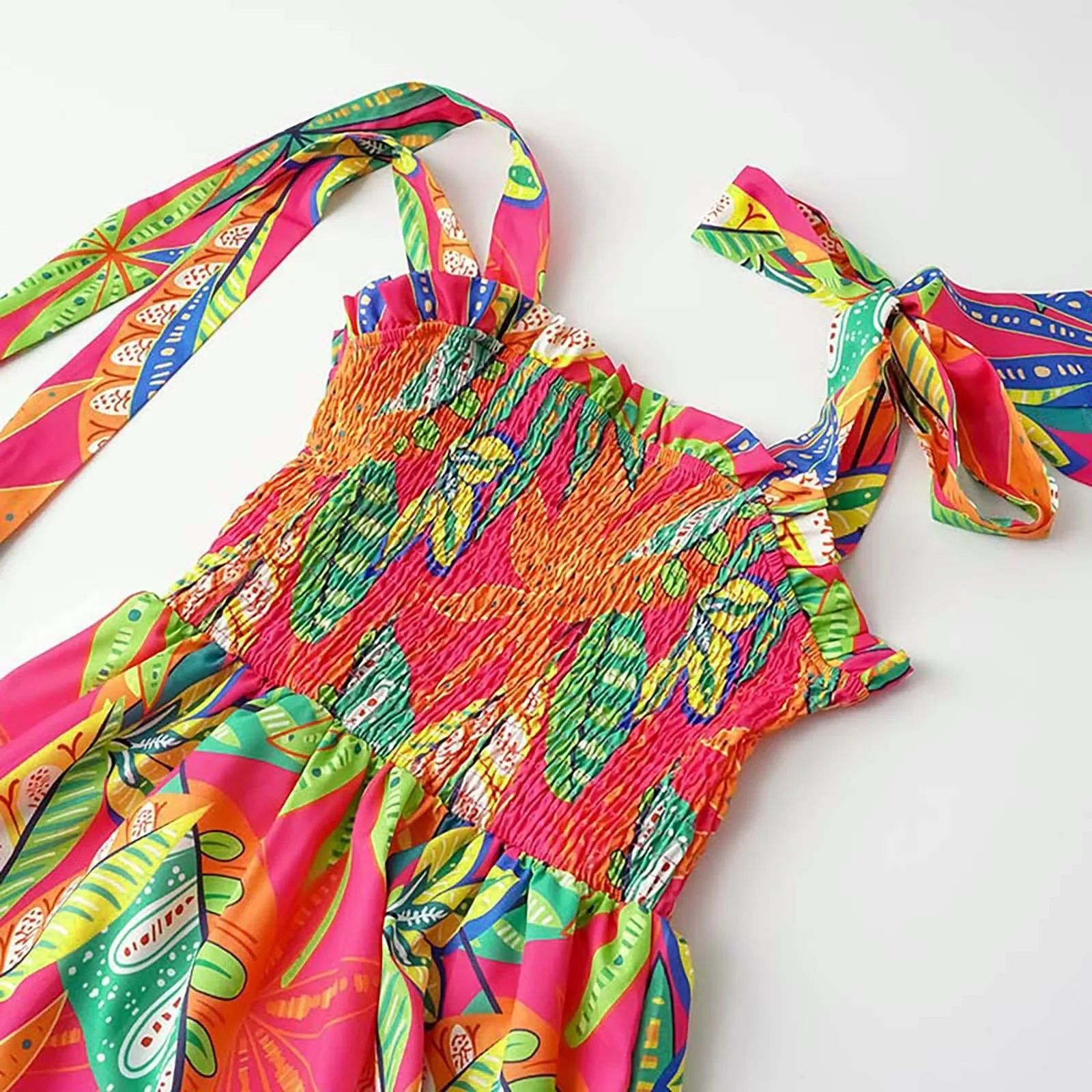 Vestido largo con tirantes finos para mujer, traje elástico fruncido sin mangas, Espalda descubierta, estampado Floral, playa, vacaciones de verano