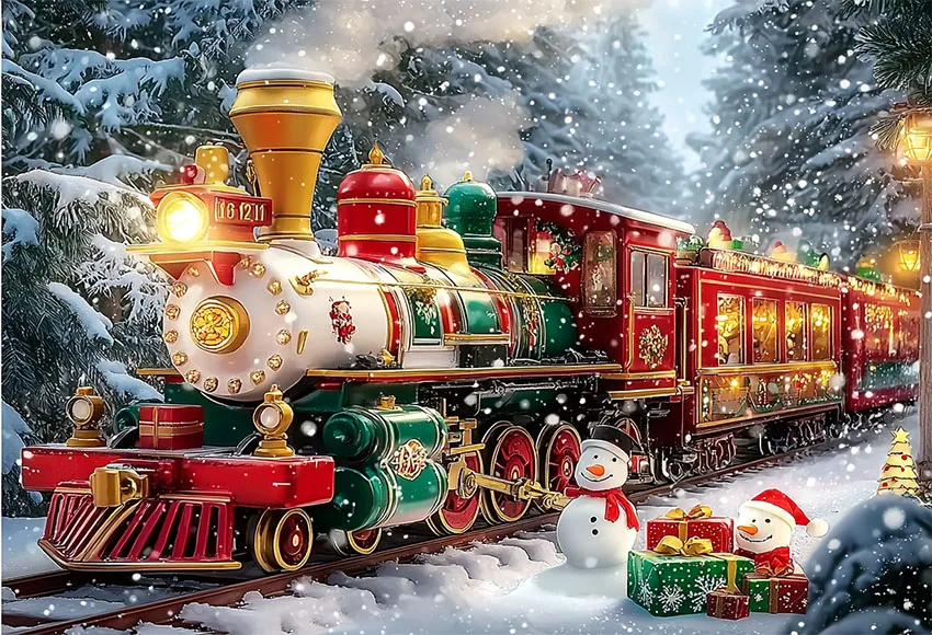 Mehofond 3D قاطرة قطار أخضر خلفية التصوير الفوتوغرافي ، خلفية شجرة عيد الميلاد ثلج ، غيوم الغابات الشتوية الزينة ، الهدايا