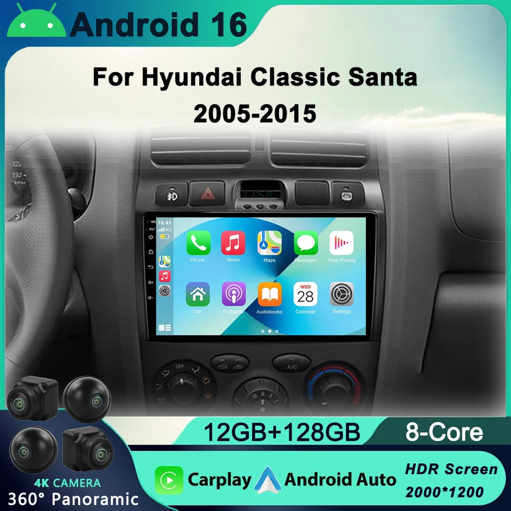 

2 Din Android 16 Car Radio for Hyundai Classic Santa Fe 1 2000-2004 2005-2015 Multimedia Player Navigation Carplay Head Unit