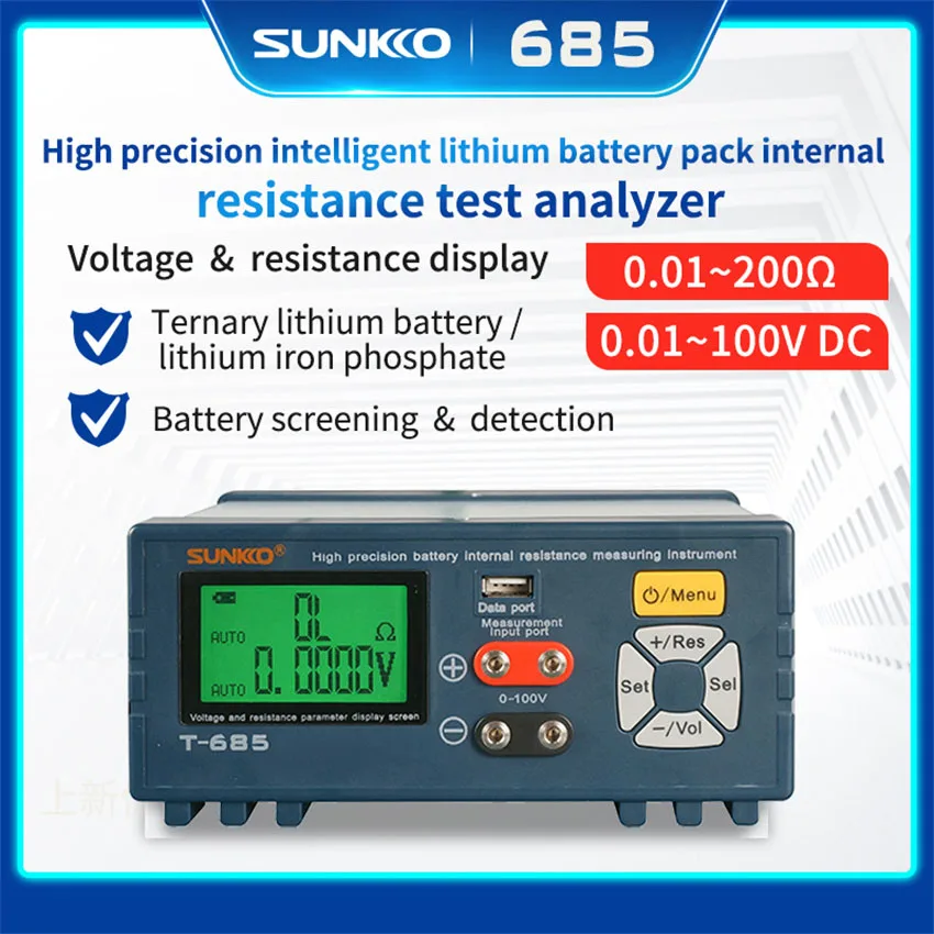 SUNKKO T685 Lithium Battery Pack High Precision Internal Resistance Tester 18650 Voltage Automatic Detection Analyzer