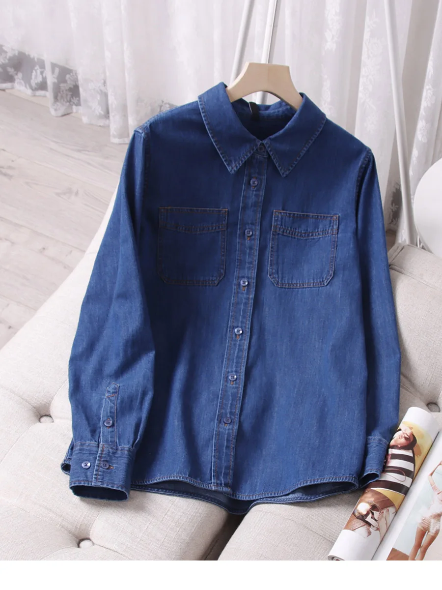 

Premium Quality Women's Long Sleeve Classic Blue Denim Button-Up Shirt Made with 100% Cotton Fabric