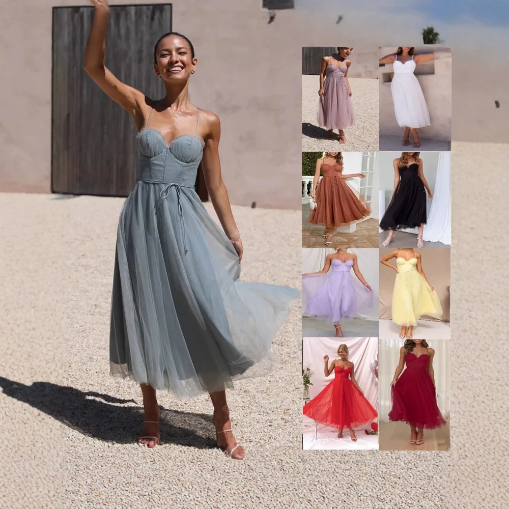 Chic INS Vacation Midi Dress for Women, Sexy Spaghetti Strap Casual Dress, Multi Color Summer Beach & Dating Holiday Outfit