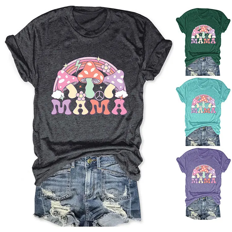 

Summer new short sleeve T-shirt mama Mushroom rainbow print loose O collar fashion casual top