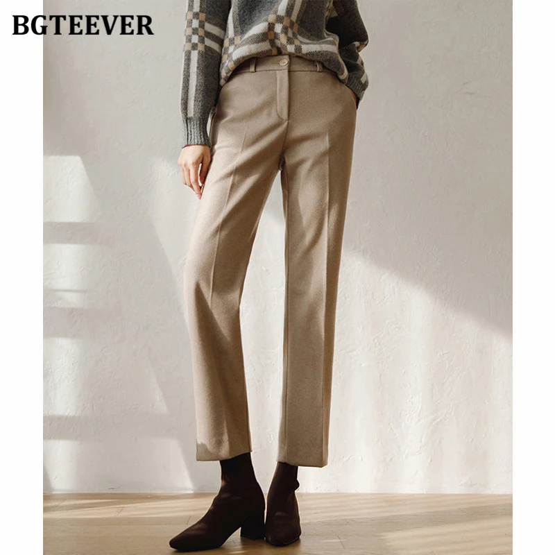 BGTEEVER Elegant Thick Warm Woolen Suit Pants Women Stylish High Waist Loose Pockets Straight Female Trousers Winter